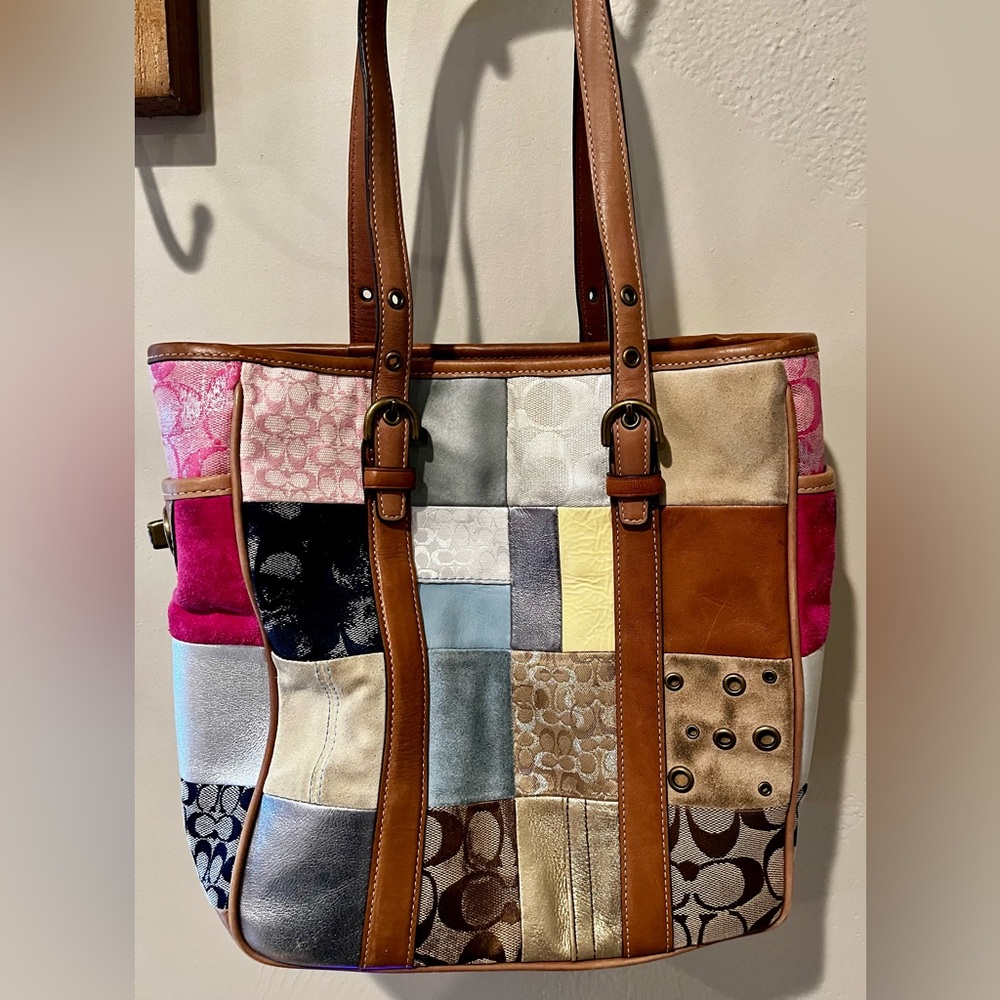 Coach Signature Suede Multicolor Patchwork Tote Purse Book Bag